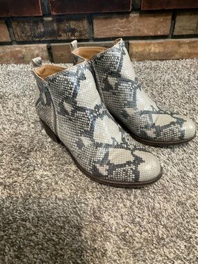 Lucky Brand Basel Snake-Print Ankle Booties in Beige and Gray 8M